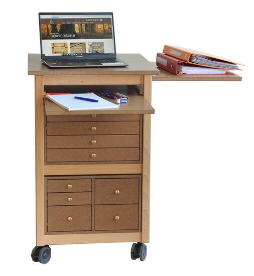 petit bureau auboi 9 tiroirs télétravail avec ordinataur et bloc papiers